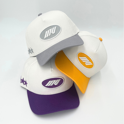 Invincible Exclusives INV Staple Logo Snapback || White / yellow / gray / purple