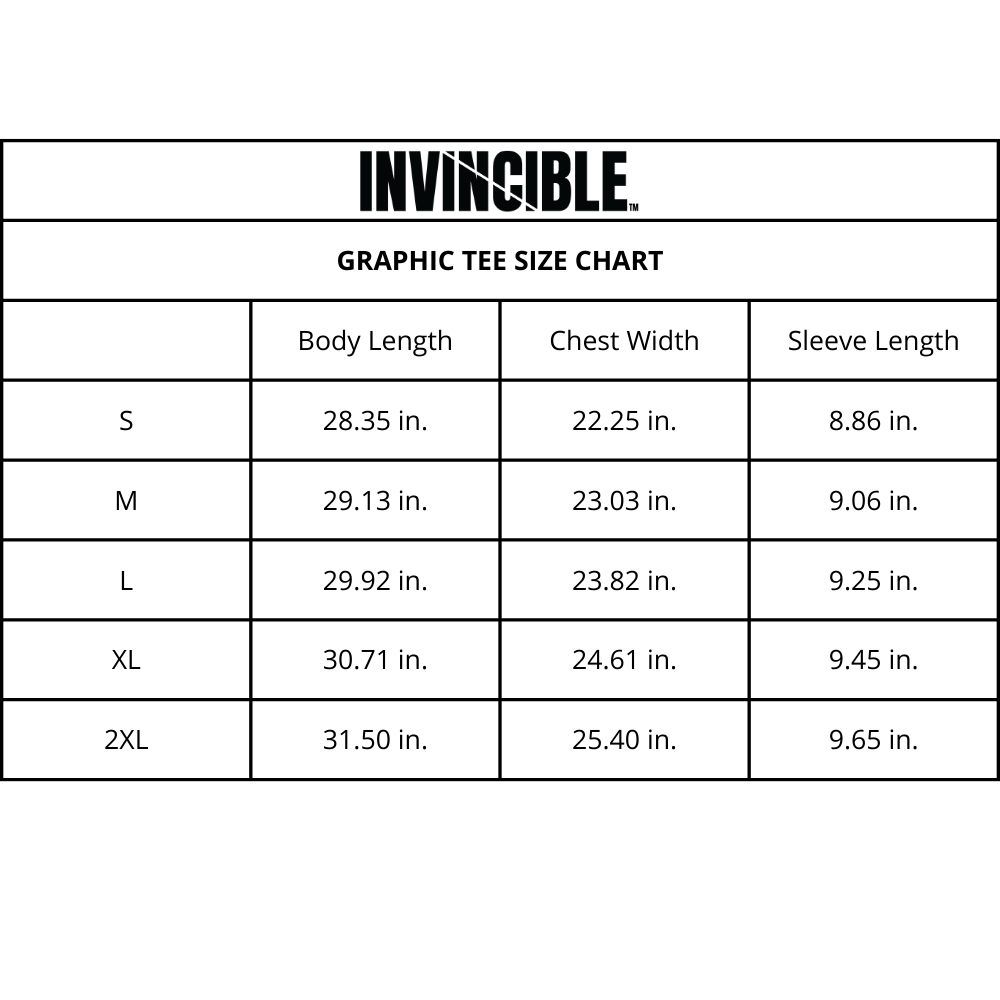 Invincible Exclusives Graphic Tee Size Chart