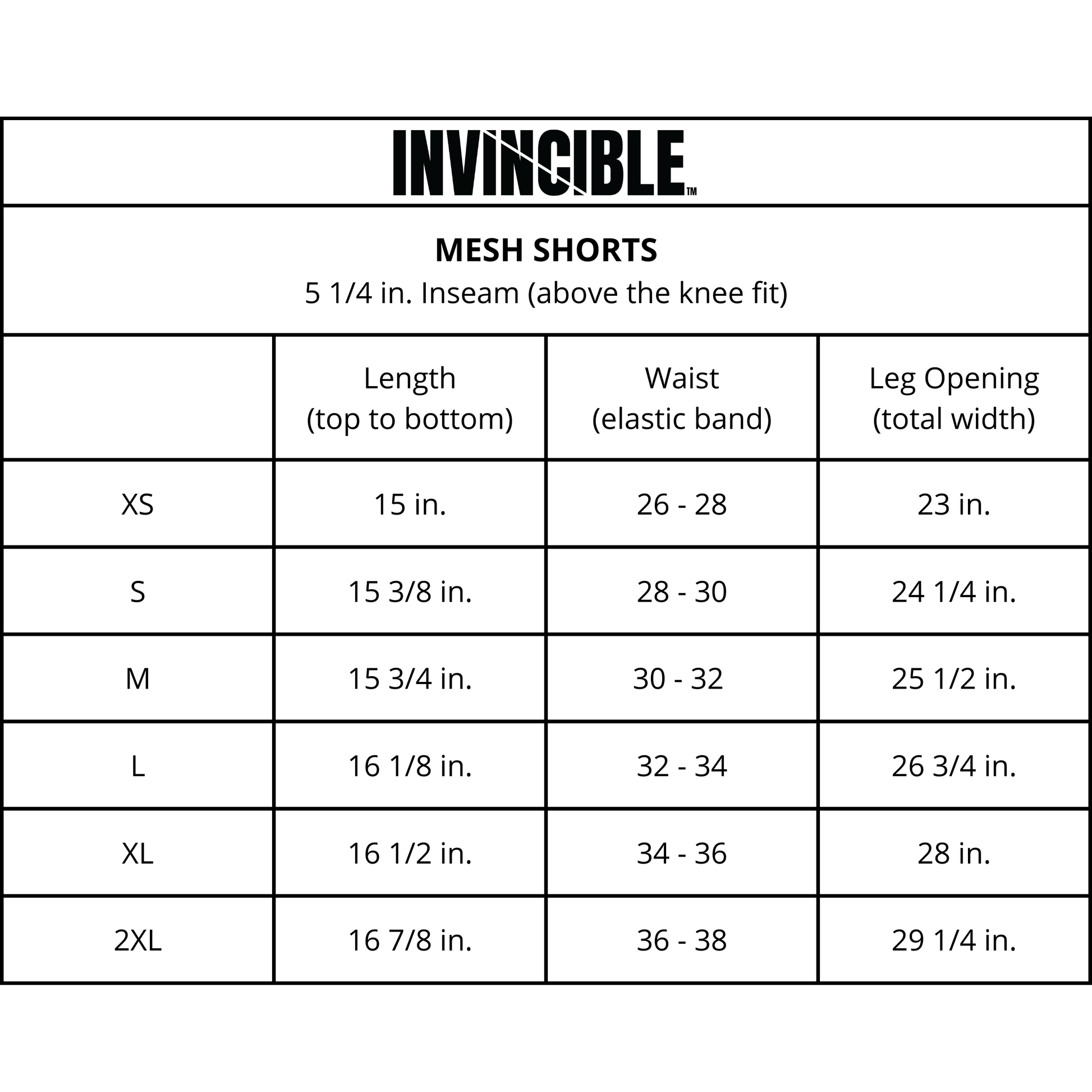 Invincible Mesh Short Size Chart