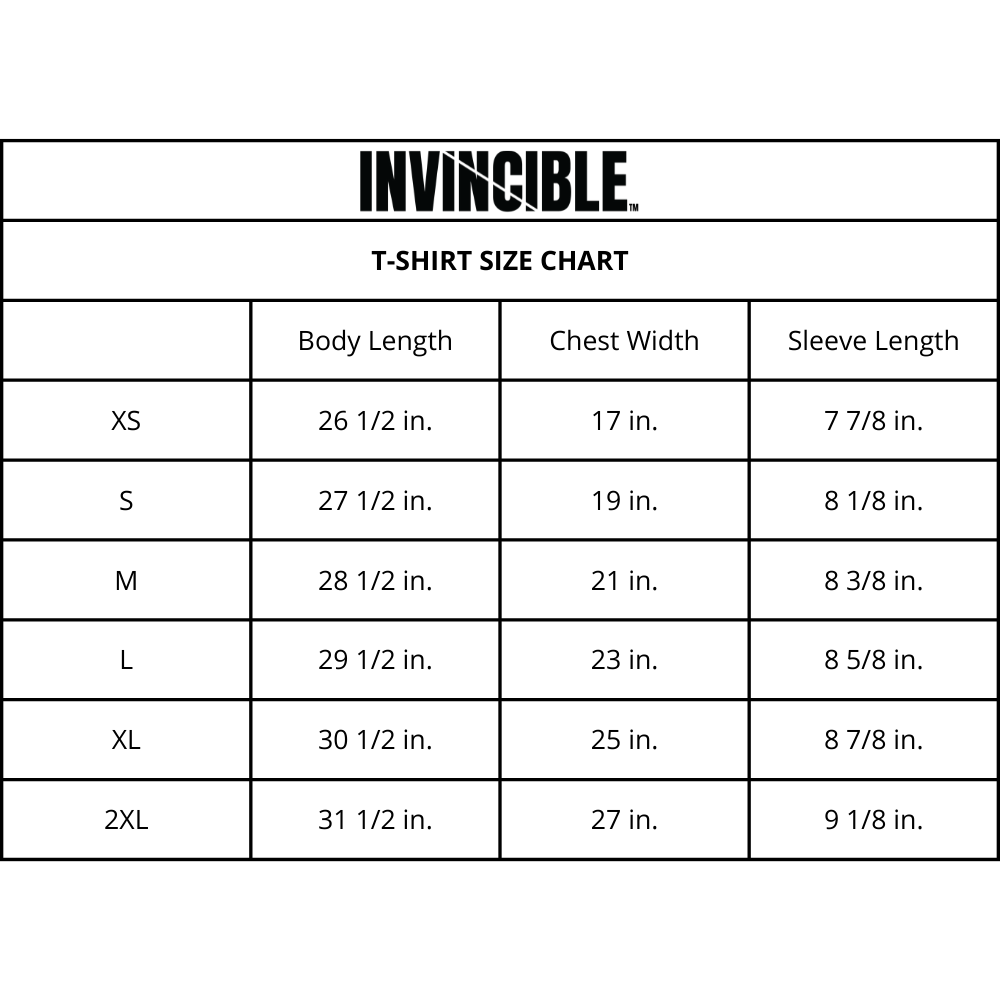 Invincible Street Wear T-Shirt Size Chart